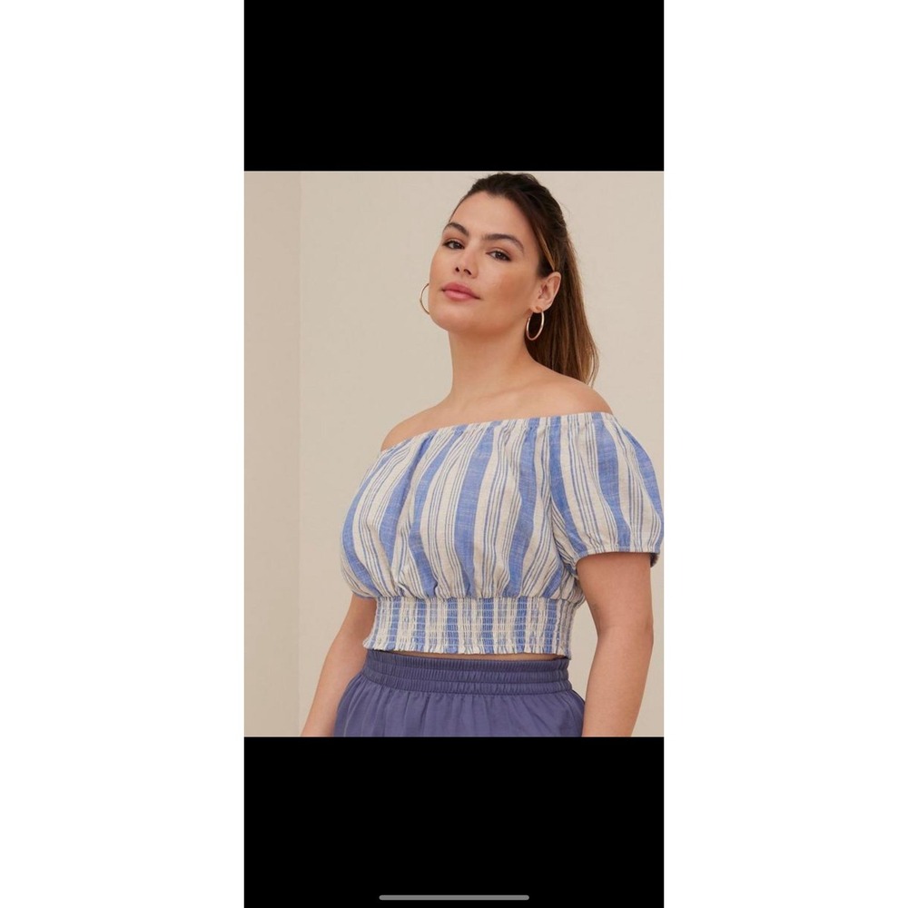 Torrid Linen Blend Smocked Waist Off-Shoulder Crop Top Sz 3 / 3X